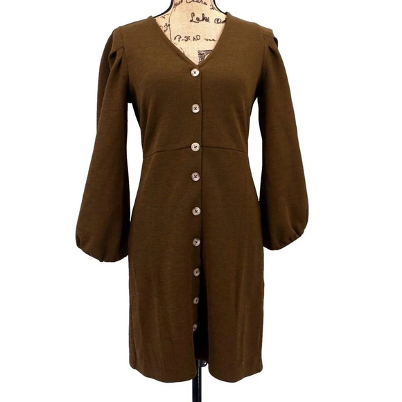 Madewell New Texture &‎ Thread Dress Women S Brown Button Crepe Balloon Sleeve - Picture 1 of 8